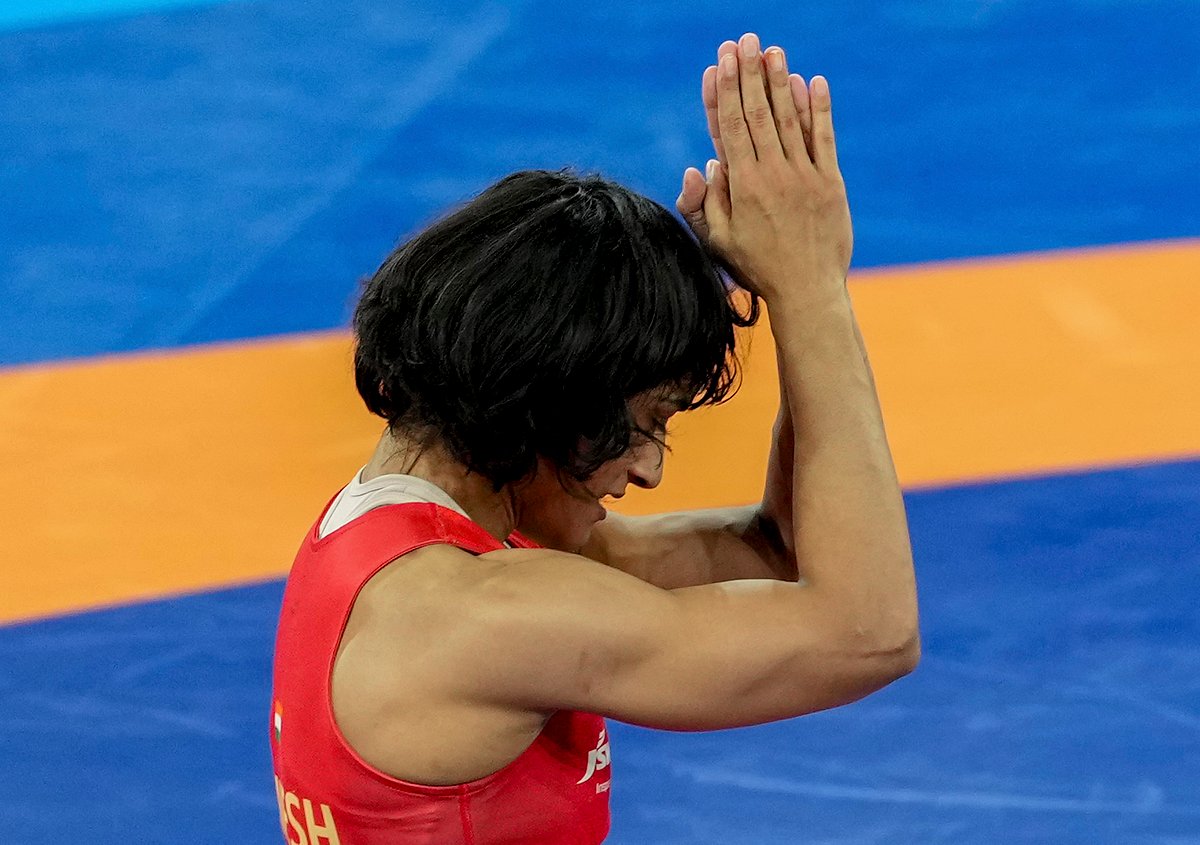 Vinesh Phogat in action during the Paris Olympics 2024 women 50kg freestyle wrestling event.  - PTI 
